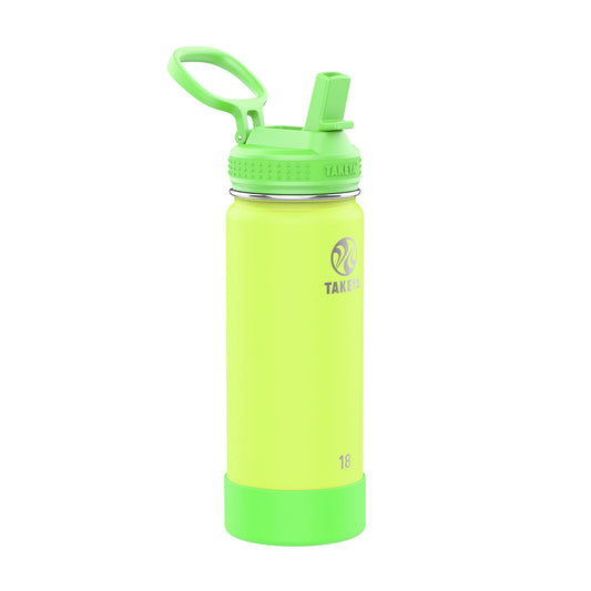 Takeya Actives Kids Water Bottle 18 oz Stainless Steel Double Wall Insulation BPA-Free Leakproof Straw Lid Easy Carry Handle Reusable Ideal for Boys and Girls, School, Sports - Lightning Green
