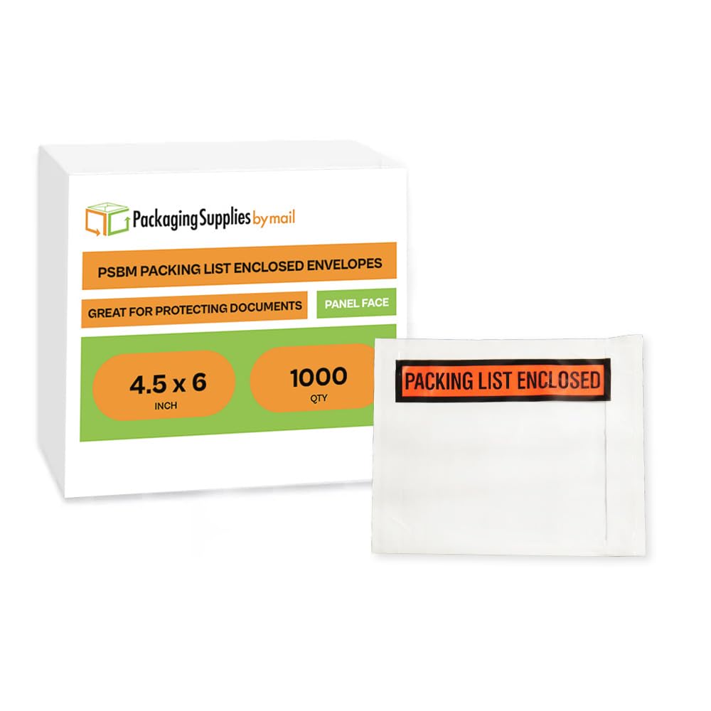 PSBM 1000 PCS, 4.5 x 6 Inch, Panel Face Back Side Load Packing List Envelopes, Orange/Black Printed for Invoices & Slips