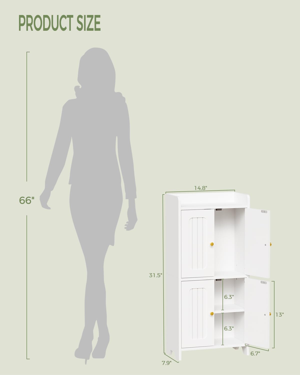 BEWISHOME Small Floor Cabinet, Toilet Paper Storage, Bathroom Storage Cabinet with 4 Doors and Shelves, Bathroom Organizers and Storage for Small Spaces, White 7.9" D x 14.6" W x 31" H YYG11W