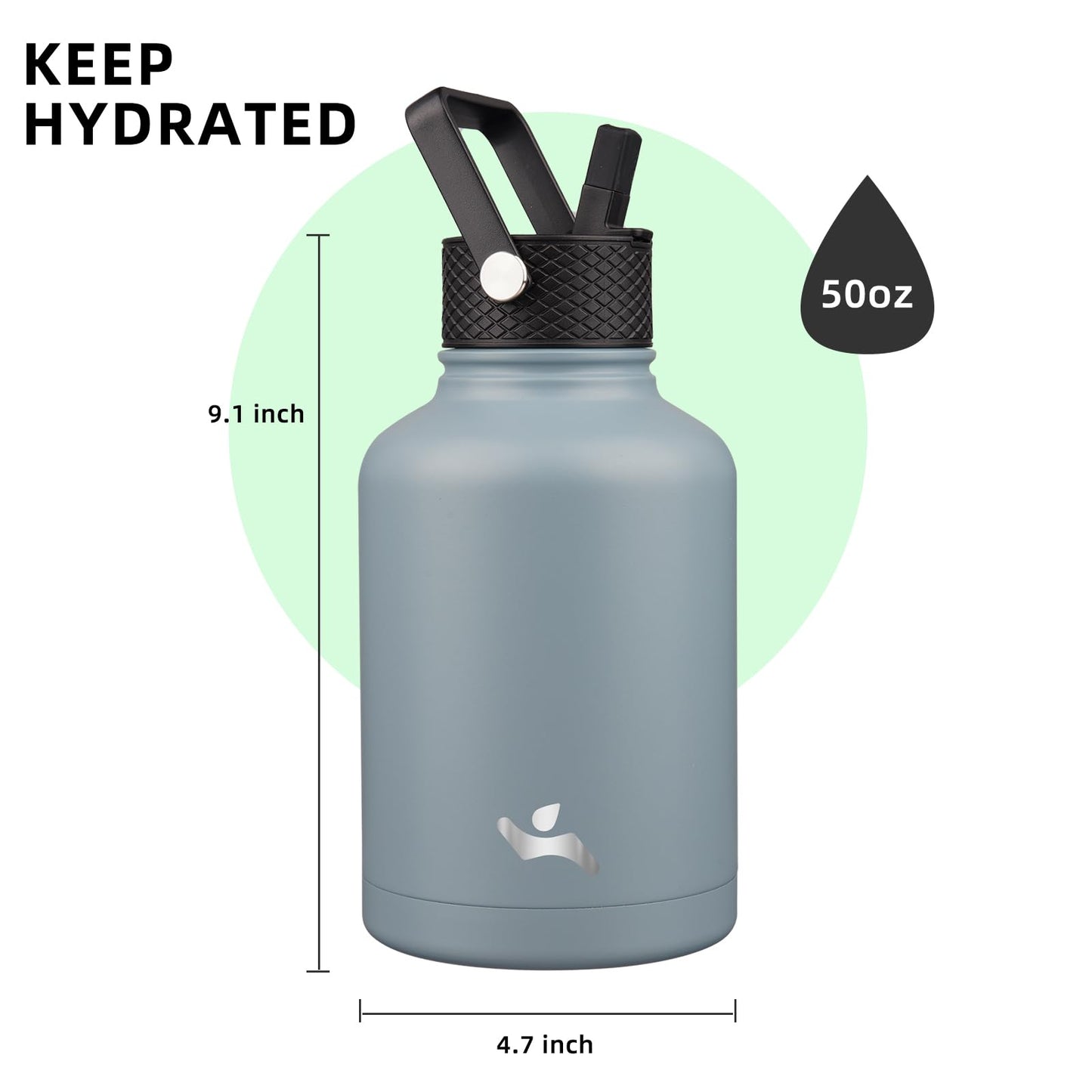 Konokyo Insulated Water Bottle with Straw,50 oz 3 Lids Water Jug with Carrying Bag,Paracord Handle,Double Wall Vacuum Stainless Steel Metal Flask,Storm Blue