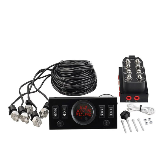 12V Solenoid 8-Valve Air Ride Suspension Manifold Valve with Control Panel Ship Type Switch, Equipped with Five Display air Pressure Gauge red