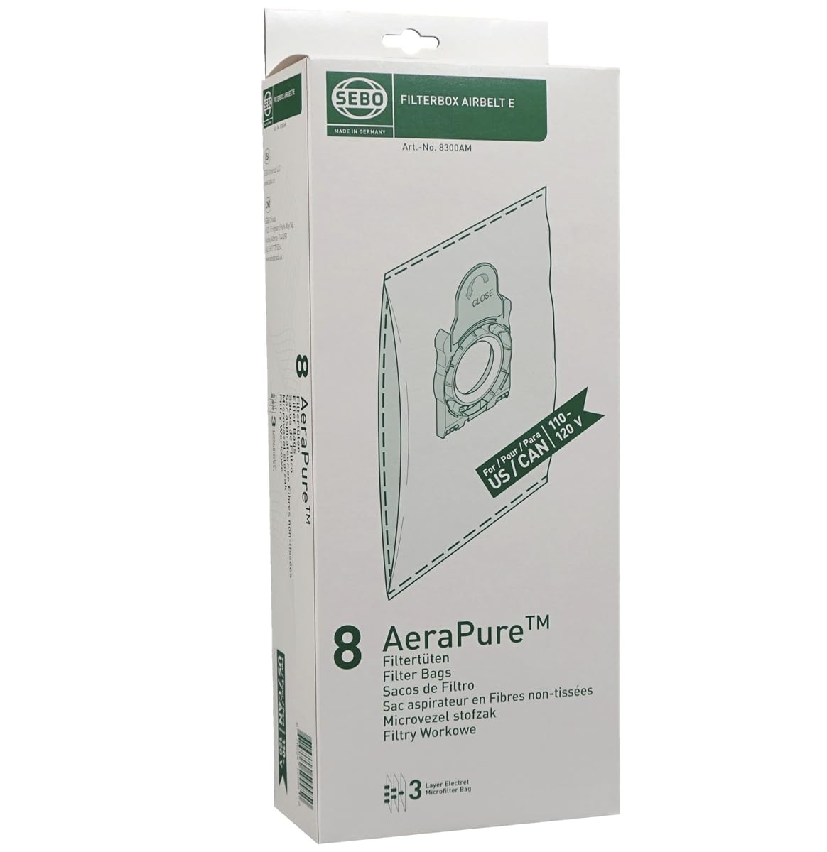 SEBO Filter Bag Box Airbelt E, 8 Three-Layer Ultra Bags with caps #8300AM