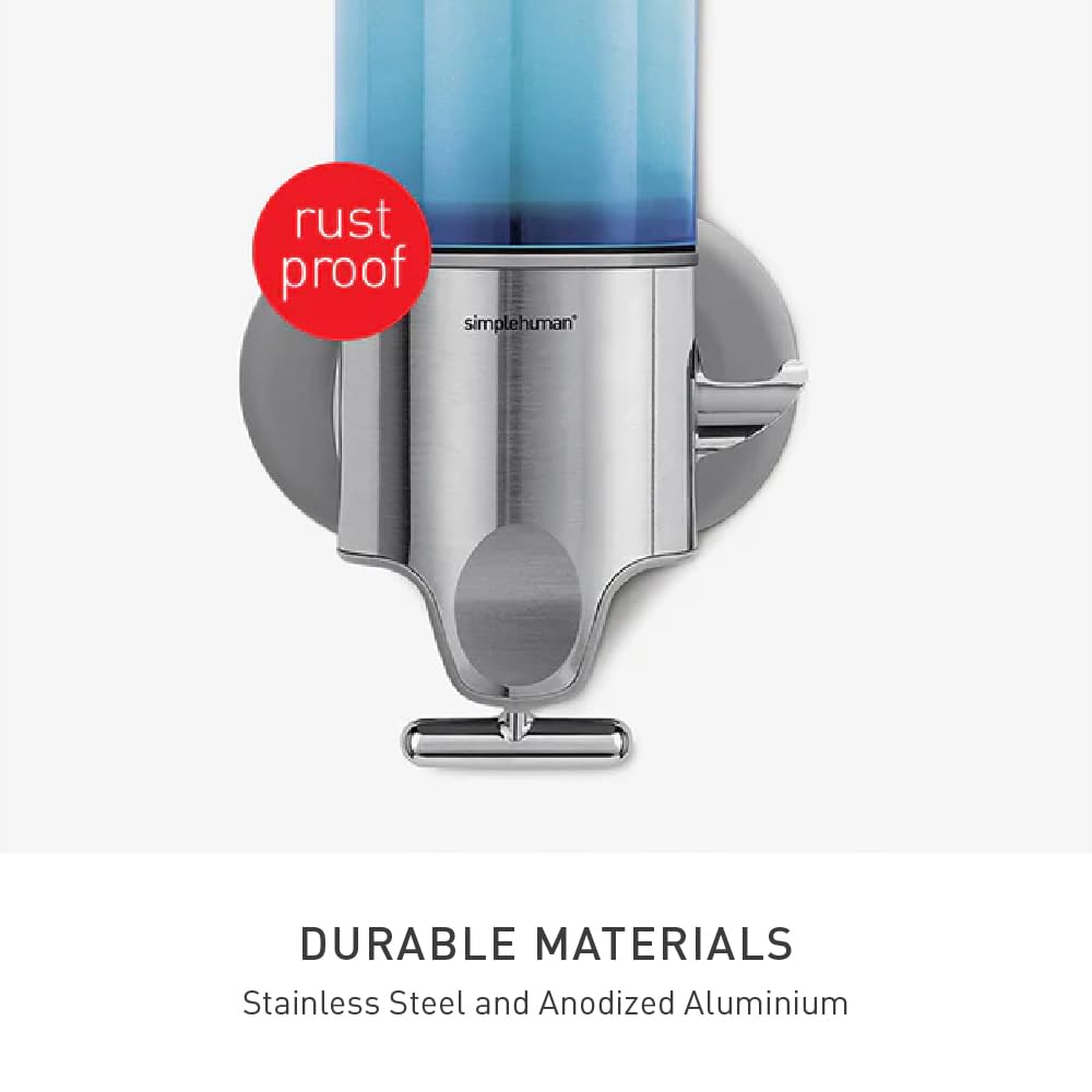 simplehuman Single Wall Mount Pump, Hotel-Grade Refillable Shower Soap Dispenser, Ergonomic T-Bar Lever, No-Drill Adhesive Install, for Bathrooms, Hotels, and Airbnbs, Stainless Steel