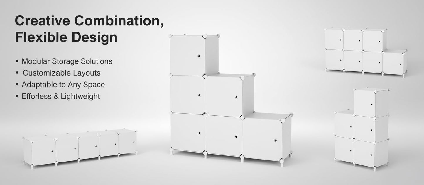 ATTDETJL Cube Storage Organizer, 6-Cube Shelves Unit with Doors, DIY Stackable Plastic Clothes Organizer for Bedroom and Under Stairs Storage Unit, Each Compartment 30 x 30 x 30 cm White