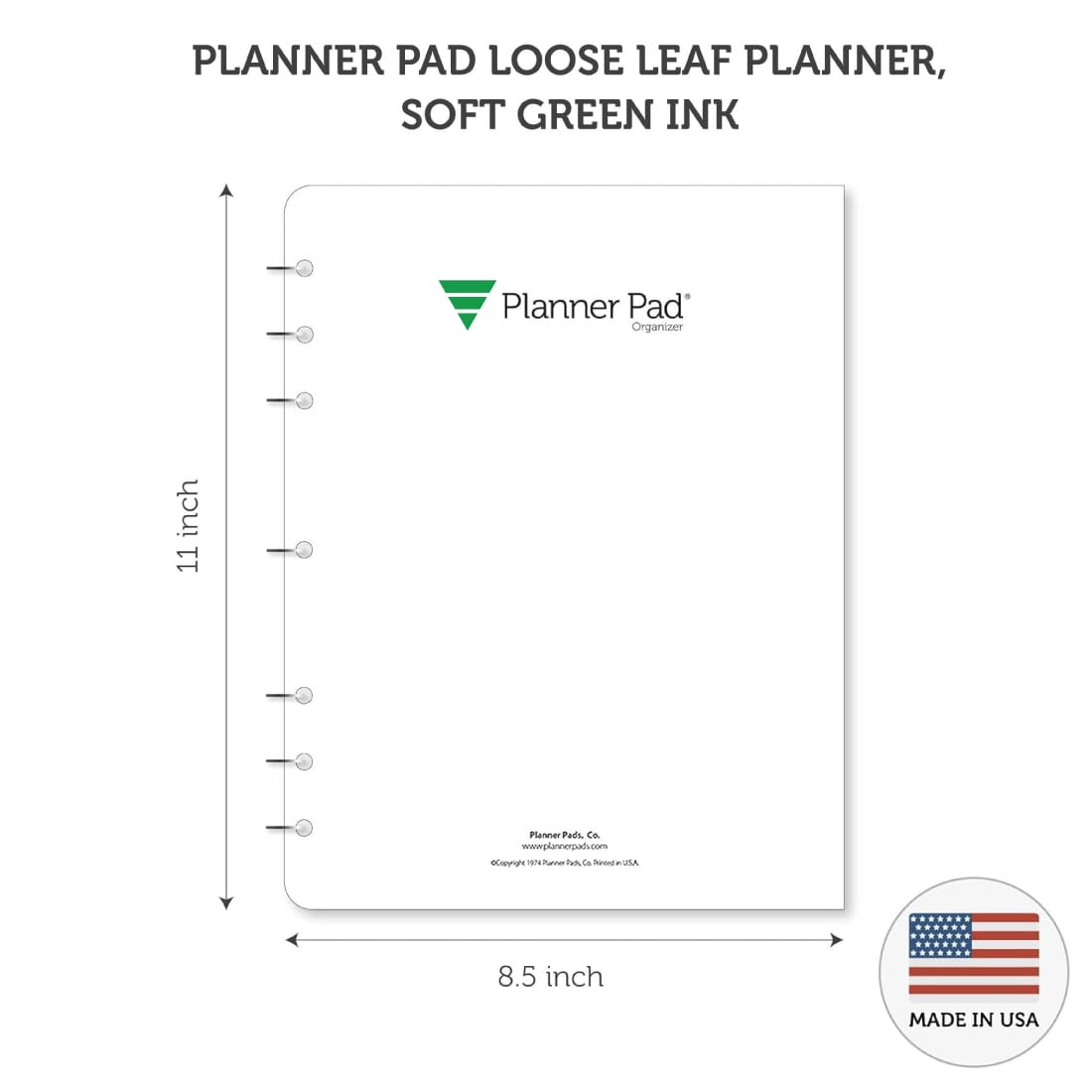 Planner Pad 7 Hole Loose Leaf July 2026 – June 2027 / Academic Year 8 1/2" x 11” 3-Tier Funnel Down 12 Month Large Size Organizer, Soft Green Ink