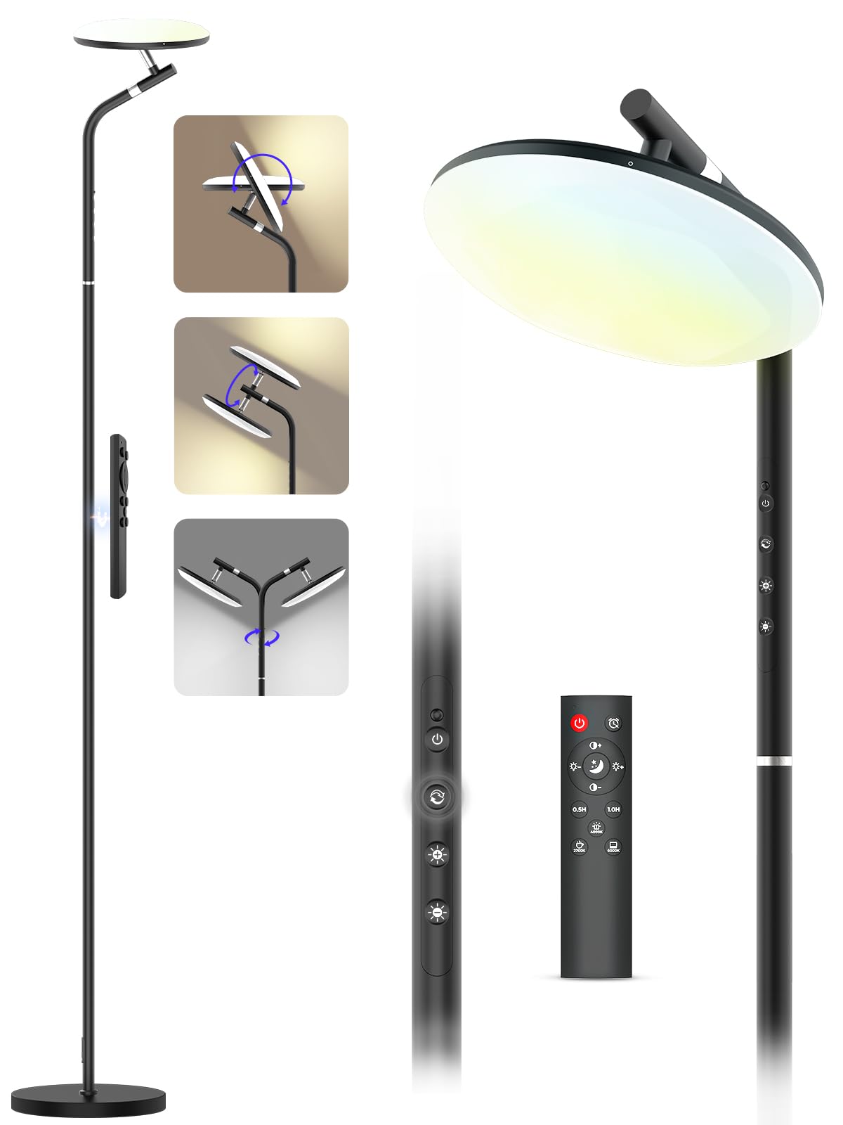 RUNBARRY LED Floor Lamp, 36W Super Bright Standing Lamp with Remote & Touch Control, 69" Stepless Dimmable Torchiere Floor Lamps, 350° Rotating Head Floor Lamp for Bedroom, Living Room, Office, Black
