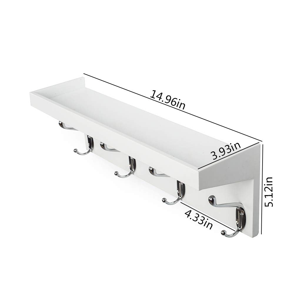 AHDECOR Entryway Floating Wall Mounted Coat Rack, Storage Hanging Shelf with 4 Durable Hangers, White, Set of 2