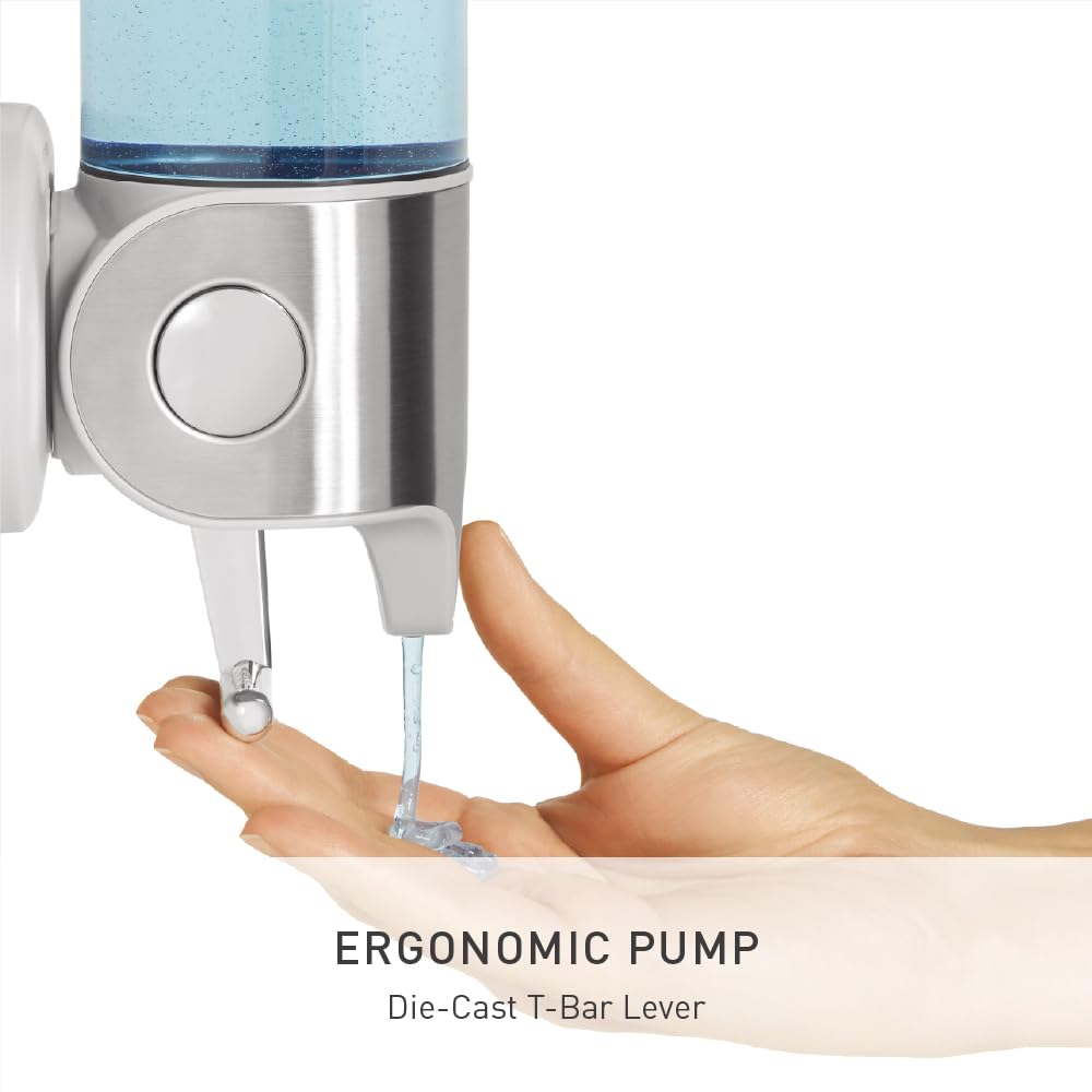 simplehuman Single Wall Mount Pump, Hotel-Grade Refillable Shower Soap Dispenser, Ergonomic T-Bar Lever, No-Drill Adhesive Install, for Bathrooms, Hotels, and Airbnbs, Stainless Steel