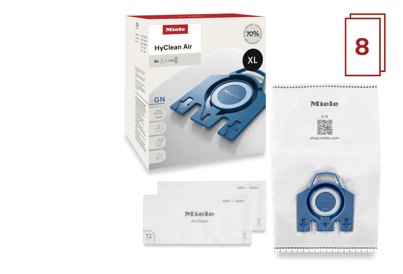 Miele Genuine GN HyClean Air XL Pack Vacuum Cleaner Bags for Miele Complete C2, Complete C3, Classic C1, S8, S5 & S2 Vacuum Cleaners, Pack of 8 Vacuum Bags and 4 Filters