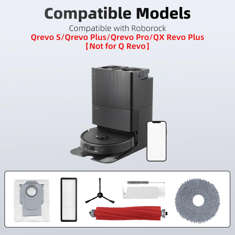 24Pcs Qrevo S Accessories Kit Replacement Compatible with Roborock Qrevo S/Qrevo Plus/Qrevo Pro Robot Vacuum, 2 Main Brush, 4 Mop Cloth Pads, 6 Side Brushes, 4 HEPA Filters,6 Dust Bag, 1 Cleaning Tool