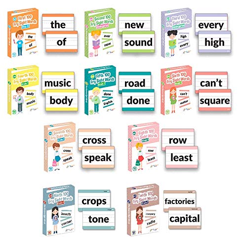 1,000 Sight Fry Dolch Word-List Flashcards in 10-Pack Bundle Set, Pre-K to 3rd Grade, Teaches 1,000 Dolch Fry High-Frequency Sight Words