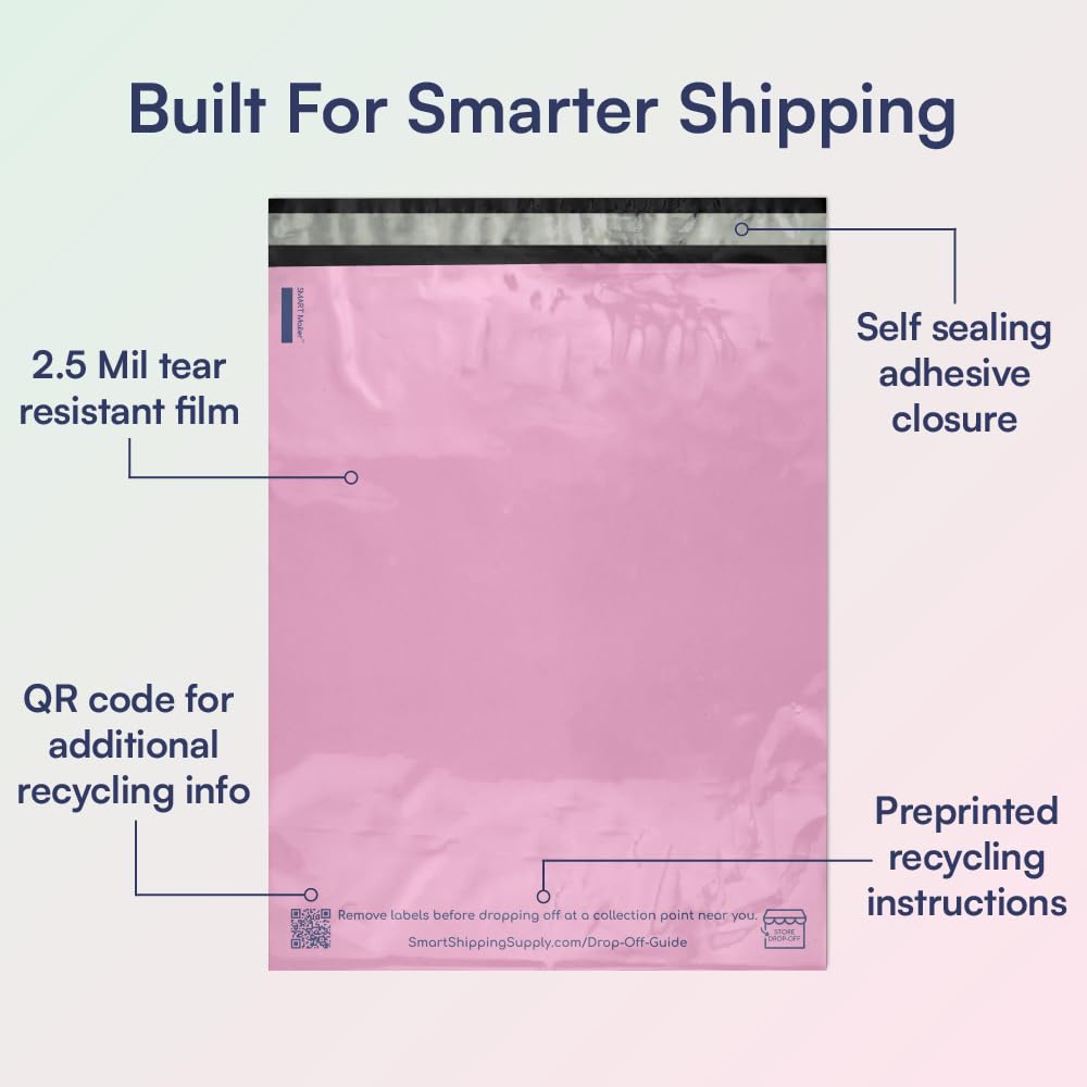 100 Count, 12x15.5 inch 100% Recycled Poly Mailers Eco Friendly Packaging Envelopes Supplies Mailing Bags 2.5 Mil Thick - SMART Mailer