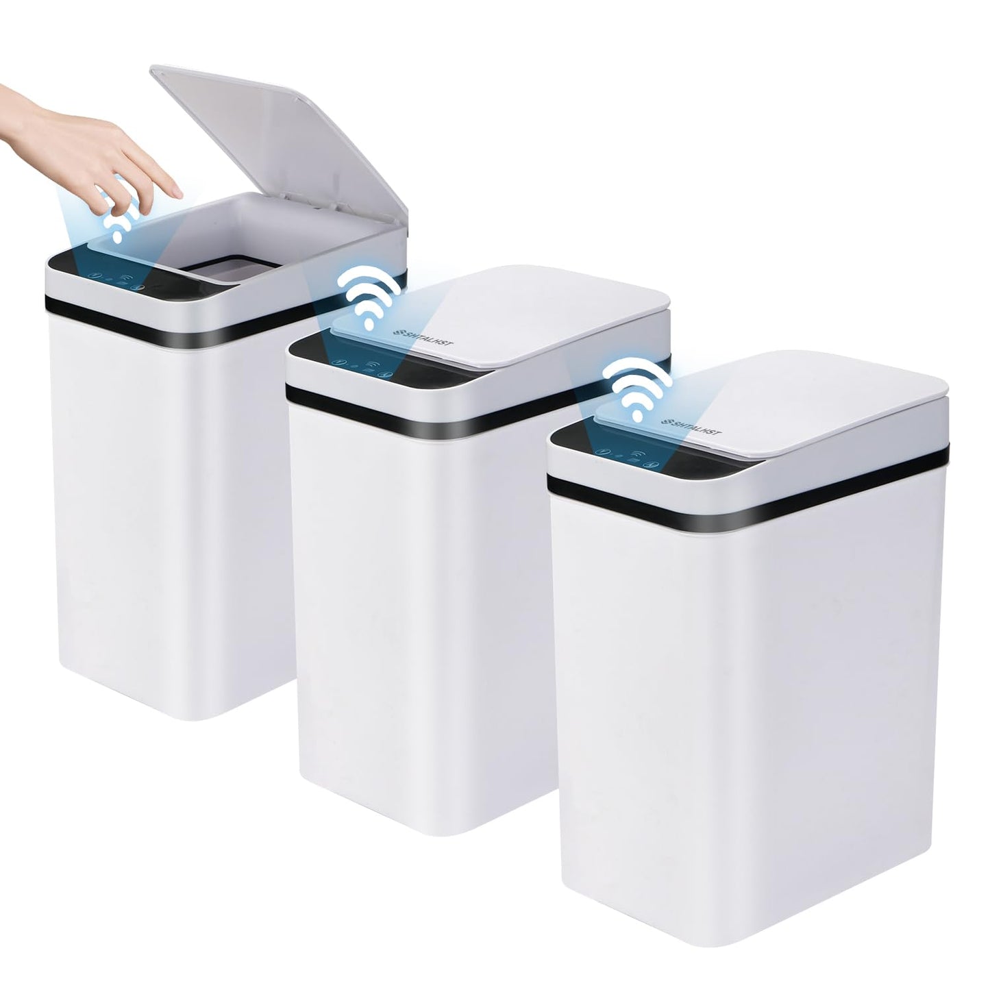 SHTALHST 3 Pack Bathroom Trash Can with Lid, 2.5 Gallon Small Slim Trashcan, Automatic Trash Can Touchless, Motion Sensor Waterproof Plastic Trash Bin for Bedroom Kitchen Office Living Room (White)