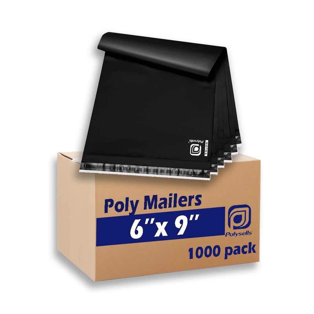 POLYSELLS 1000 pcs 6x9 Inches Black Poly Mailers Shipping Envelopes, Strong Adhesive Sealing, Waterproof, and Tear-resistant Postal Mailing Bags for Clothing, Books, and Accessories