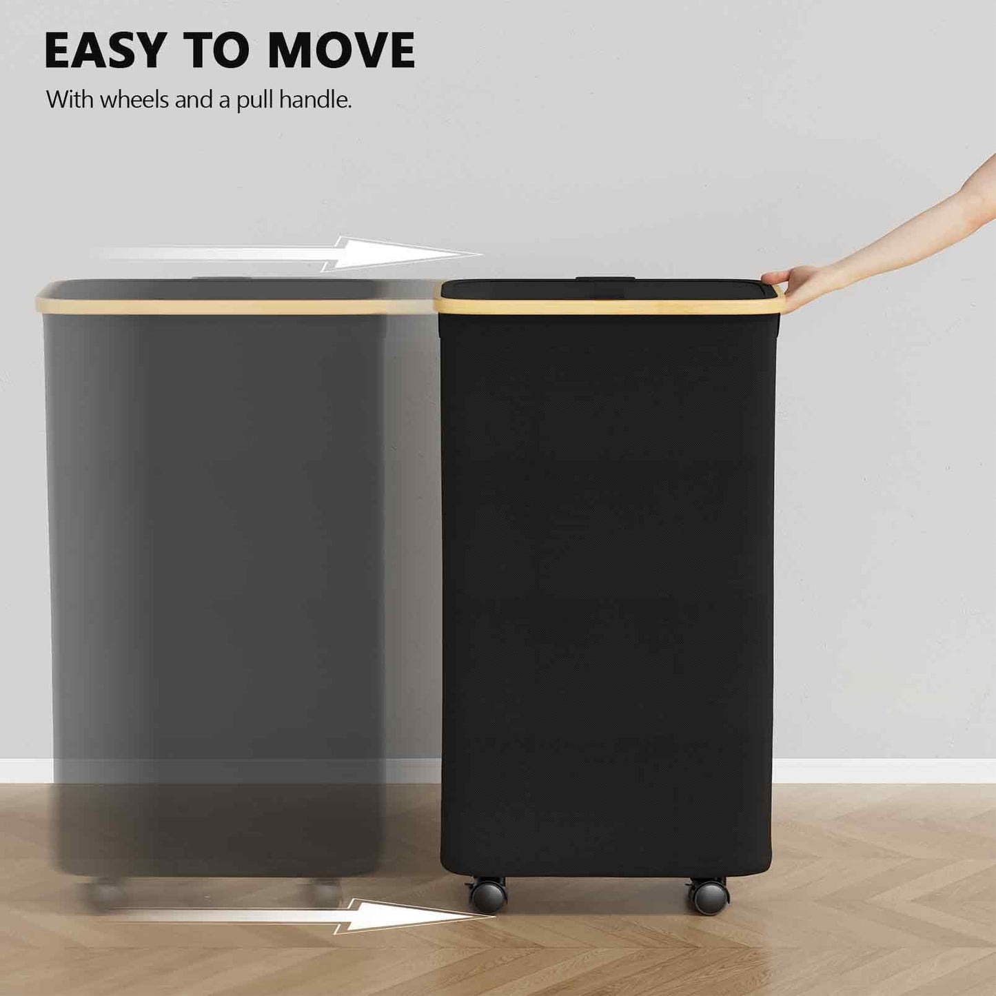 SpaceAid Slim Laundry Hamper with Wheels and Lid,62L Rolling Narrow Clothes Basket with Bamboo Handle, Large Laundry Hamper for Bedroom, Bathroom, Dorm, Laundry Room - Black