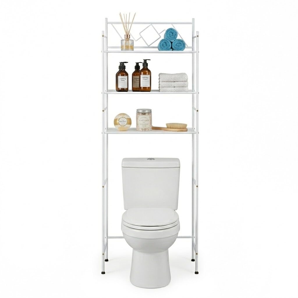 Home Zone Living Over-the-Toilet Bathroom Storage Organizer with 3-Tier Shelves and Adjustable Feet, Freestanding Steel Frame Design, White