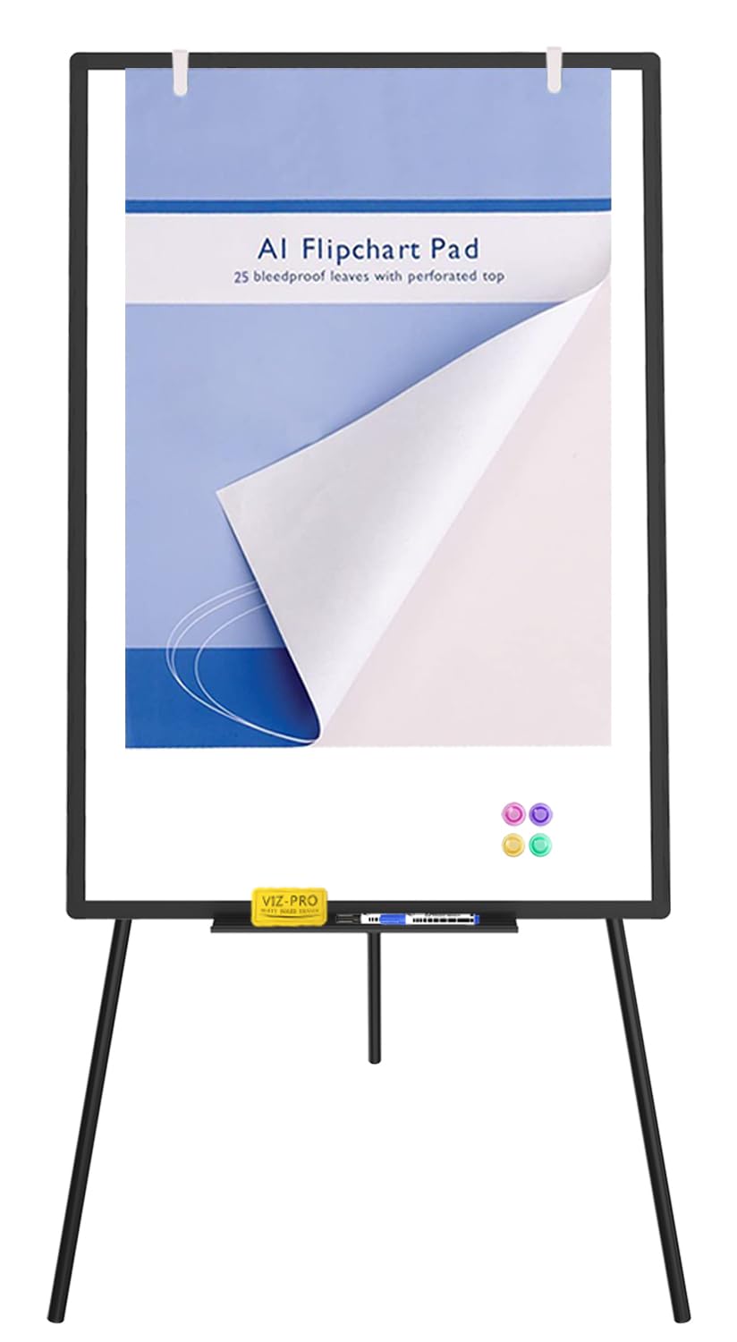 VIZ-PRO Magnetic Whiteboard Easel Black, 36 x 24 Inches, Portable Dry Erase Board Height Adjustable for School Office and Home