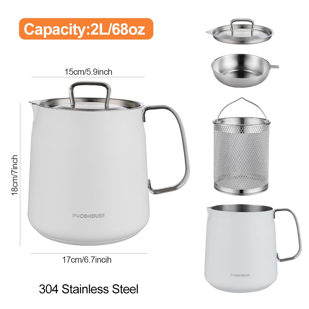 PUCOHOUSE Small 304 Stainless Steel Deep Fryer with Basket & Strainer, 2L Compact Fryer Pot for Frying, Cooking, Camping, Oil Filter Container (White)