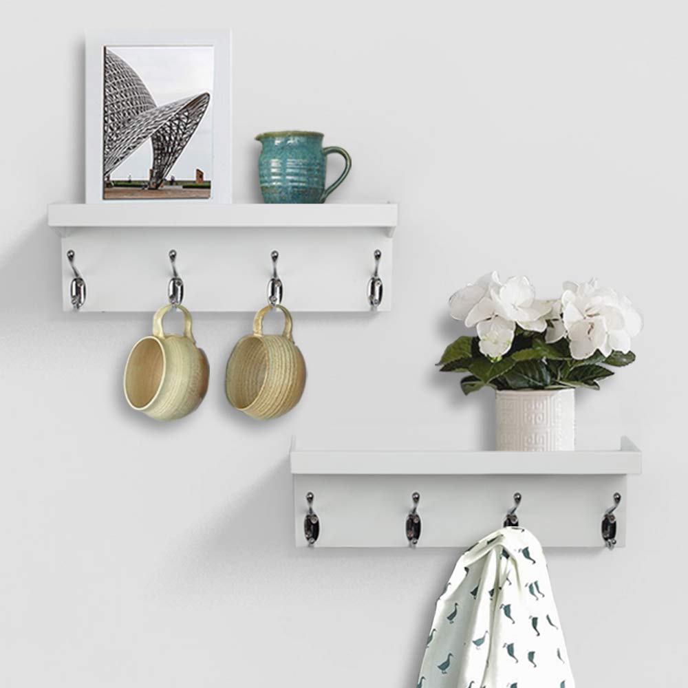 AHDECOR Entryway Floating Wall Mounted Coat Rack, Storage Hanging Shelf with 4 Durable Hangers, White, Set of 2