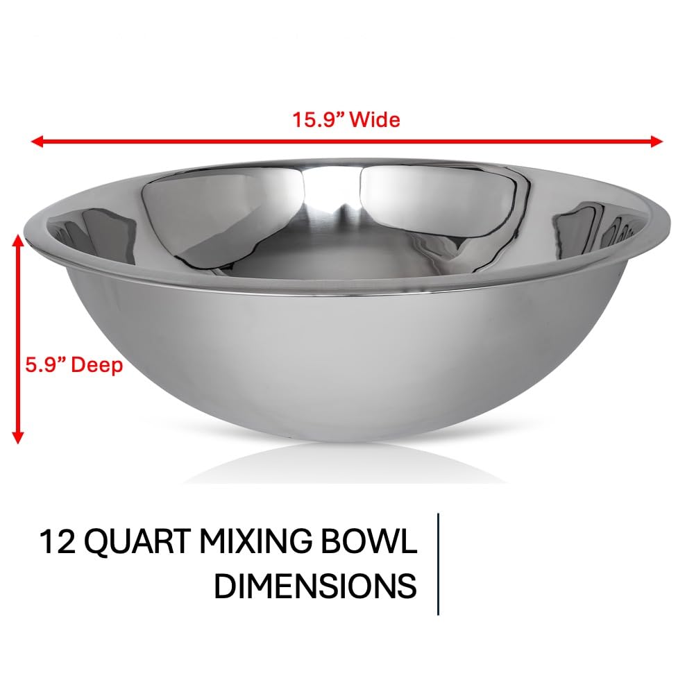 WHYSKO® Large Mixing Bowls, Set of 3 Stainless Steel 12 Quart Bowls for Restaurants, Food Service, Caterers and Home Kitchen Use, Rust Proof Bowls Great for Meal Prep, Baking, Serving, Food Storage