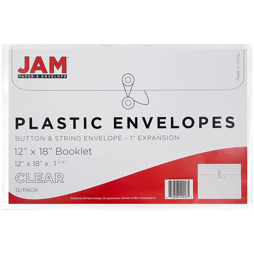 JAM PAPER Plastic Envelopes with Button & String Tie Closure - Large Booklet - 12 x 18 - Clear - 12/Pack