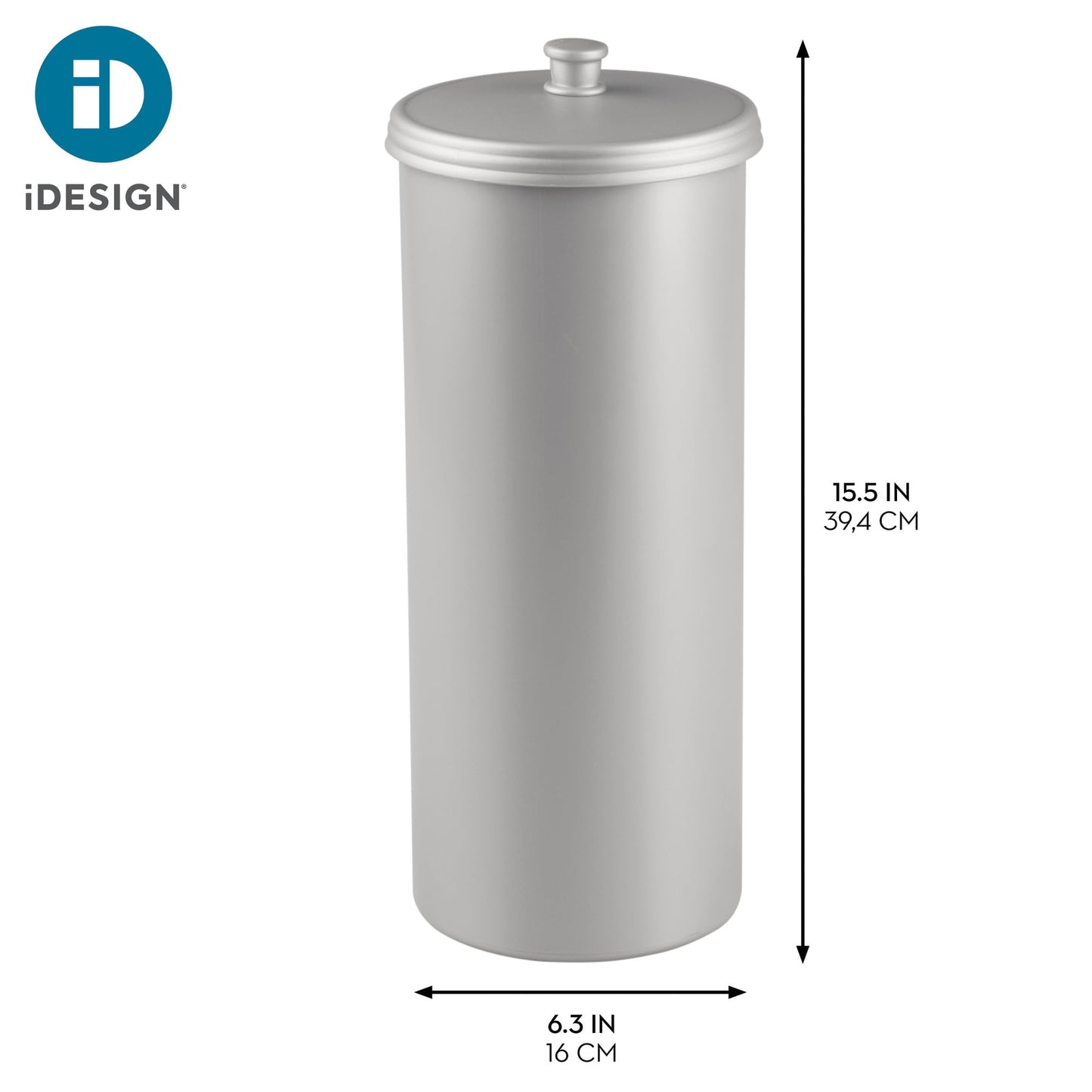 iDesign Freestanding Bathroom Toilet Paper Storage Holder with Lid for 3 Extra Rolls, 2-Pack, Silver