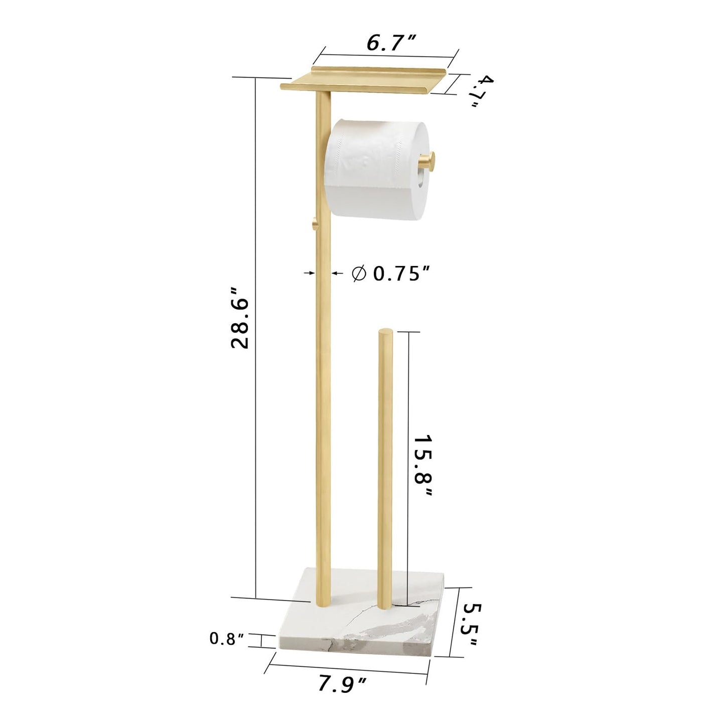GZILA Brushed Gold Toilet Paper Stand Holder with Shelf, Marble Design Base Free Standing Toilet Paper Roll Holder with 2 Dispenser SUS 304 Stainless Steel Reserve, Storage 5 Rolls