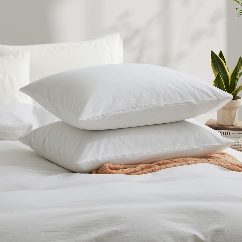 100% Washed Cotton Duvet Cover Queen Size, White Linen Like Breathable Natural Bedding Set (No Comforter), 90x90 Inches