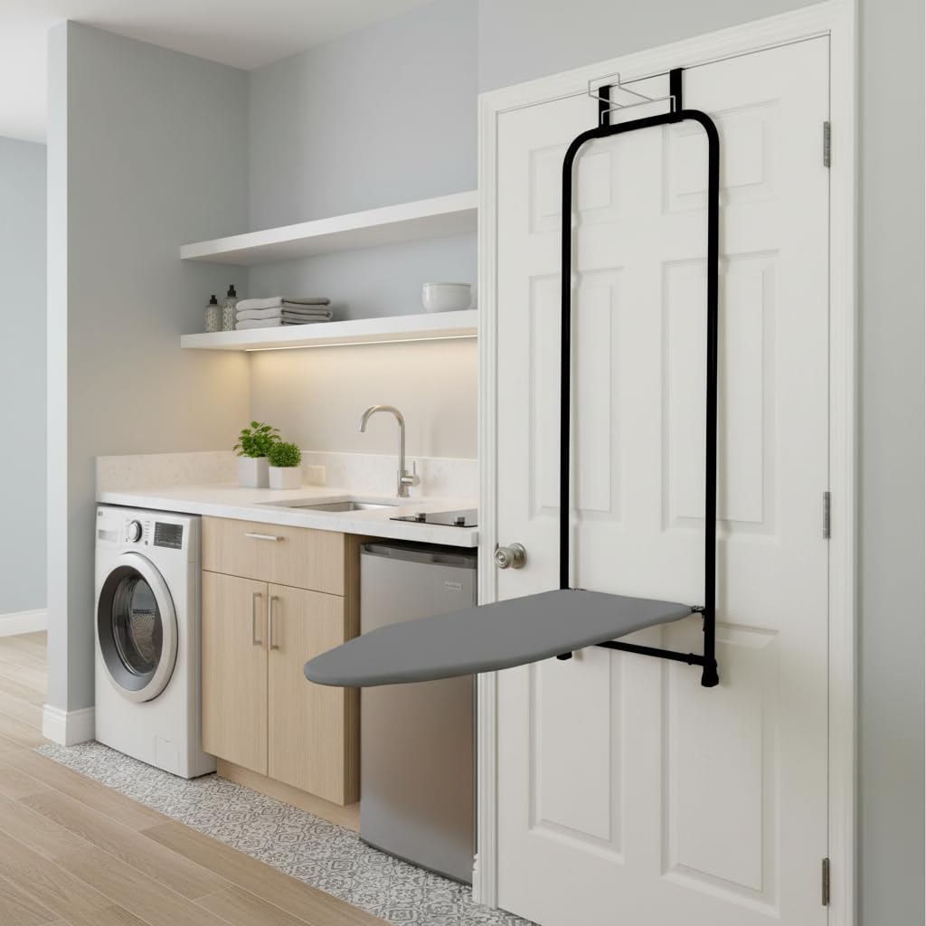 Household Essentials Over the Door Ironing Board, Self-Closing, Slim and Compact, Perfect for Small Spaces, Includes Padded Board Cover, Matte Black