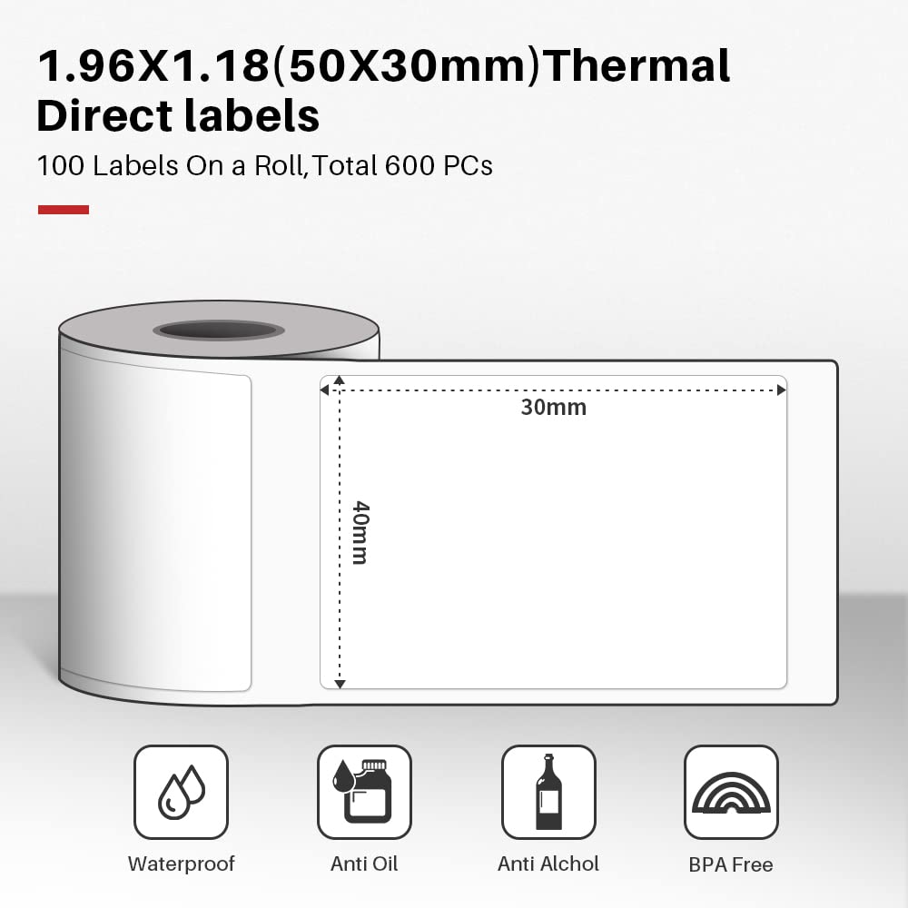 600 pcs Phomemo Labels for Label Printer, 1.96''x3.14''(50x80mm) Thermal Printer Sticker Papers,100Pcs Per Roll, Compatible with Phomemo M110/ M220/ M108/ M250/M260/M120/ M150/M221, Black on White