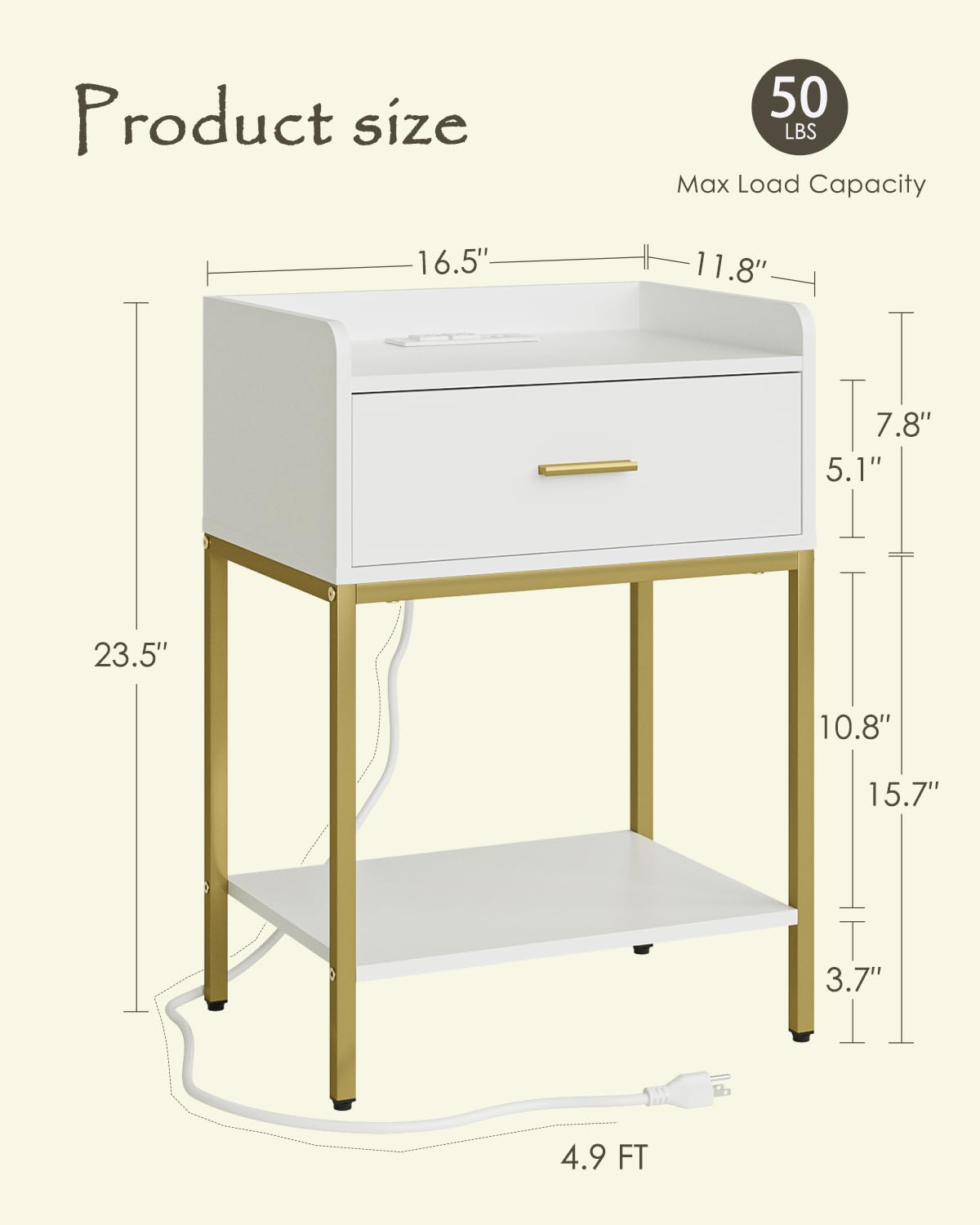 Apetaccat Nightstand with Charging Station,3-Tier Bedside Table for Small Space,Modern Night Stand with Storage Drawer and Shelf,Small Side Table for Bedroom,Living Room,White