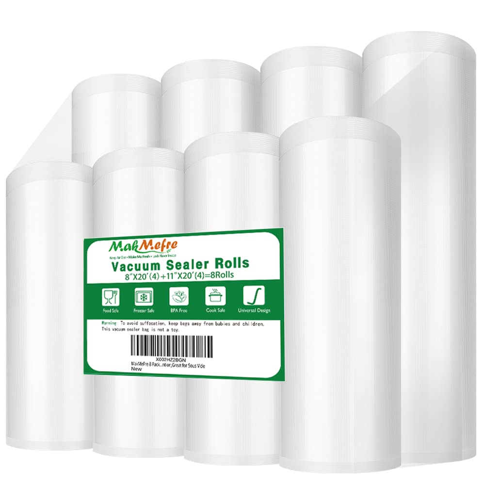MakMeFre 8 Pack 8"x20'(4Rolls) and 11"x20' (4Rolls) Vacuum Sealer Bags Rolls for Food,Commercial Grade, BPA Free,Puncture Prevention,Great for Sous Vide Cooking