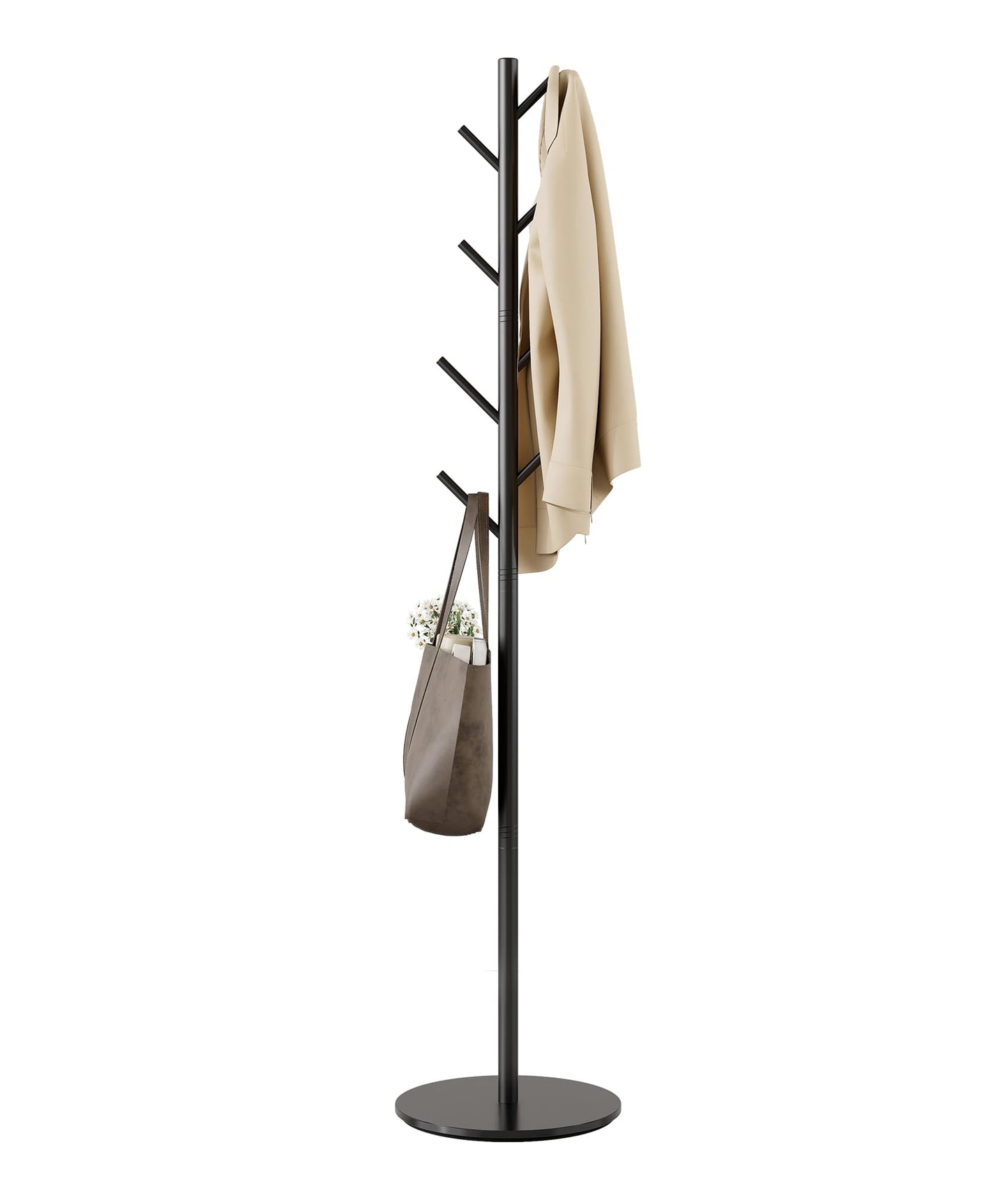 Coat Rack with 8 Hooks, 3 Adjustable Heights, Modern Hall Tree, Sturdy Metal Clothes Stand with Sintered Stone Base for Entryway, Office, Bedroom, for Coats, Hats, Handbags and Scarves, Black