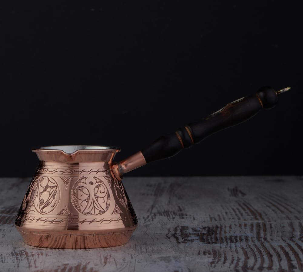 DEMMEX Copper Turkish Coffee Pot Cezve Ibrik Greek Coffee Briki Stovetop Coffee Maker with Wooden Handle & Spoon, 1mm Thick Copper, Handmade & Engraved in TURKEY, 9 fl Oz - 3 Servings
