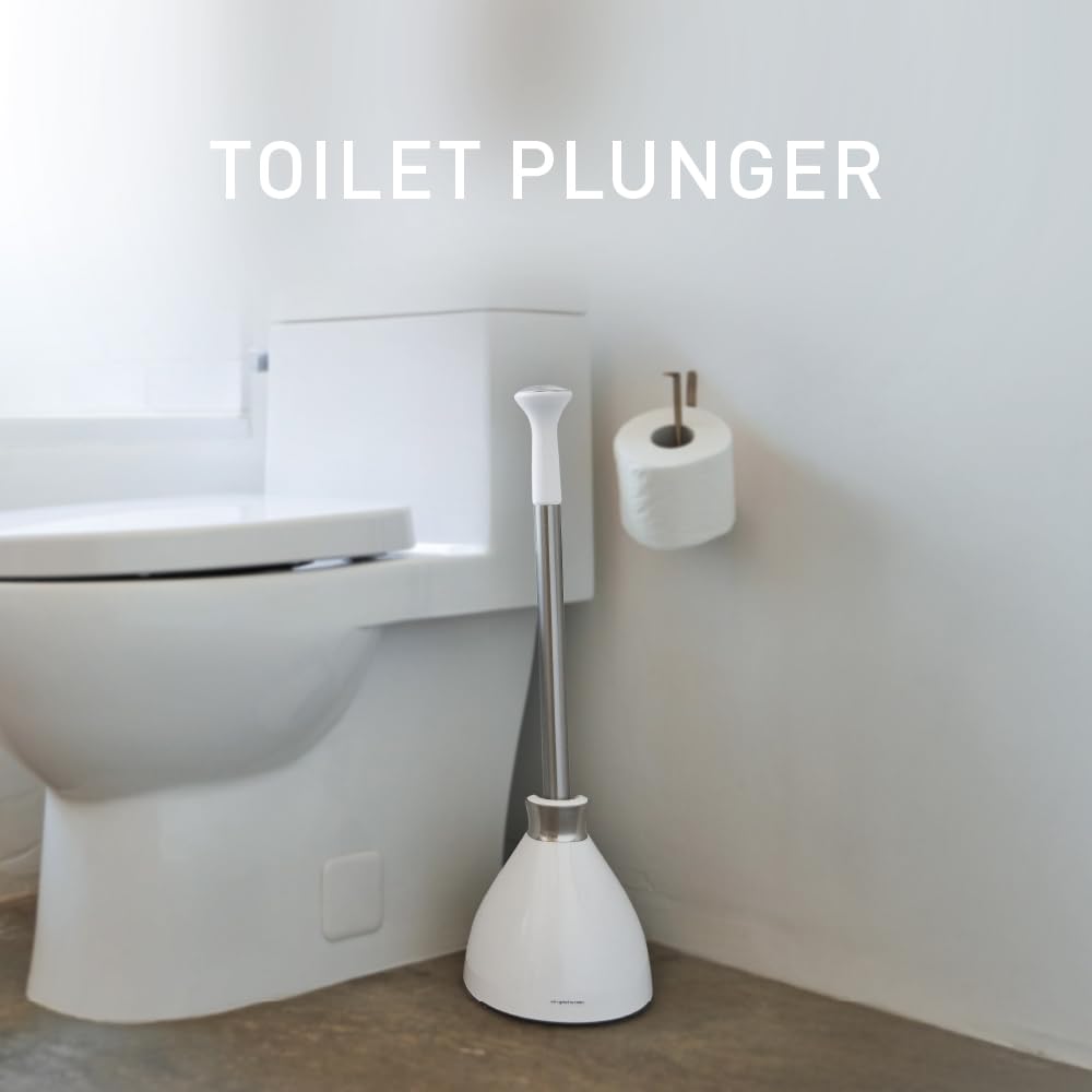 simplehuman Toilet Plunger with Holder, Toilet Plunger and Holder Set, Magnetic Drip-Free Cover, Narrow Flange for Modern Low-Flow Toilets, Hidden Dome Storage, Stainless Steel, White
