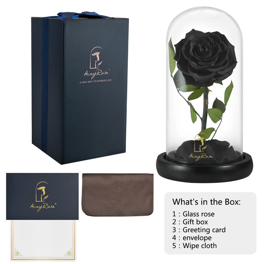 SW Forever Preserved Real Black Rose Flower Birthday Gift for Mom Women,Valentines Eternal Flower in Glass Gifts for Mothers Day Christmas Anniversary Birthday (Black)