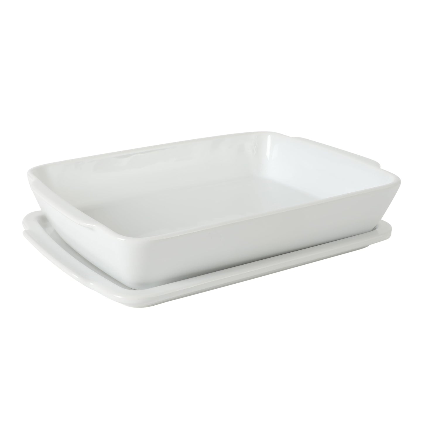 Gibson Home Gracious Dining 2.6-Qt White Stoneware Covered Baking Dish w/Multi-Purpose Lid – 12.7" x 9" Rectangular Oven Safe Casserole, Lasagna & Roasting Baker, Lid Doubles as Serveware or Trivet