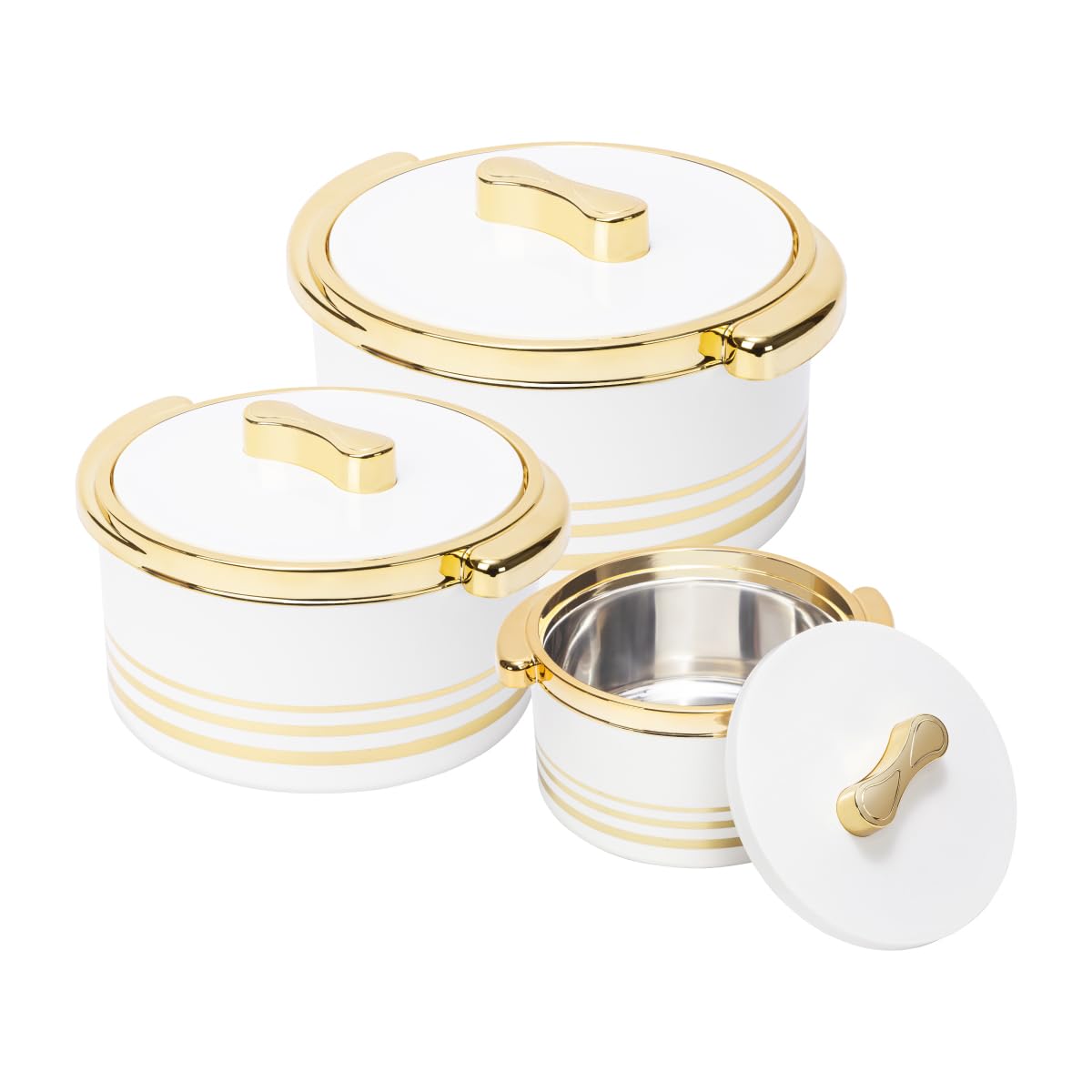 Pinnacle Insulated Casserole Dish with Lid 3 pc Set 3.7/2.6/1.5 qt. Hot Pot Food Warmer/Cooler –Thermal Soup/Salad Serving Bowl- Stainless Steel Hot Food Container–Best Gift Set for Moms –Holidays