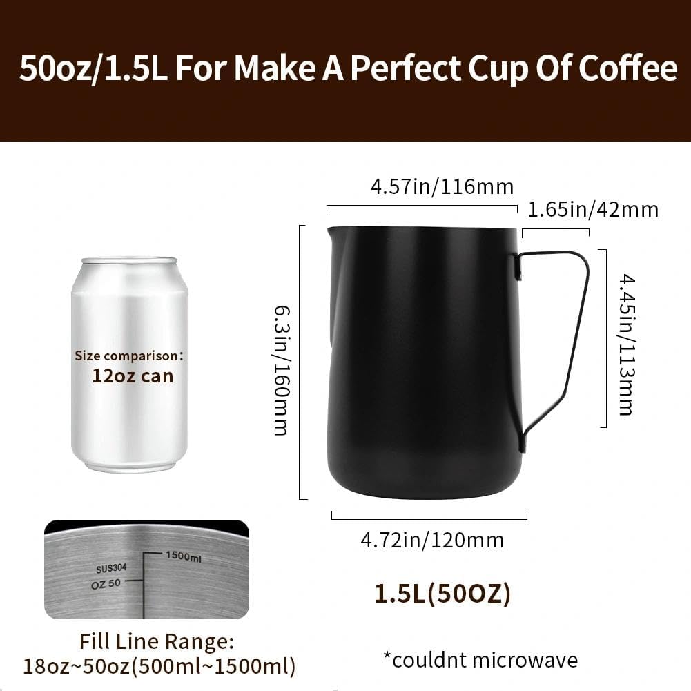 watchget Milk Frothing Pitcher 50oz/1500ml - Stainless Steel Espresso Steaming Pitcher for Cappuccino, Latte Art, Coffee Machine Accessories Milk Jug Frother Cup, Black