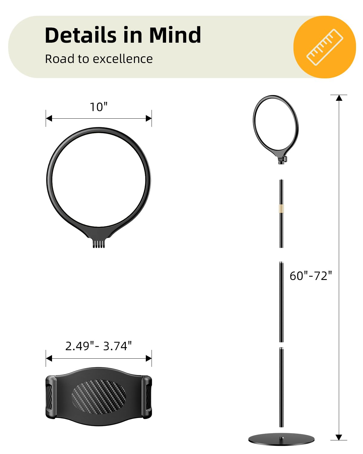 10.5" Ring Light with Stand and Phone Holder - 72" Tripod for iPhone with Light, Professional Led Ringlight for Video Recording/Make up/Streaming, Full Screen Light Ring for YouTube, Tiktok (Black)