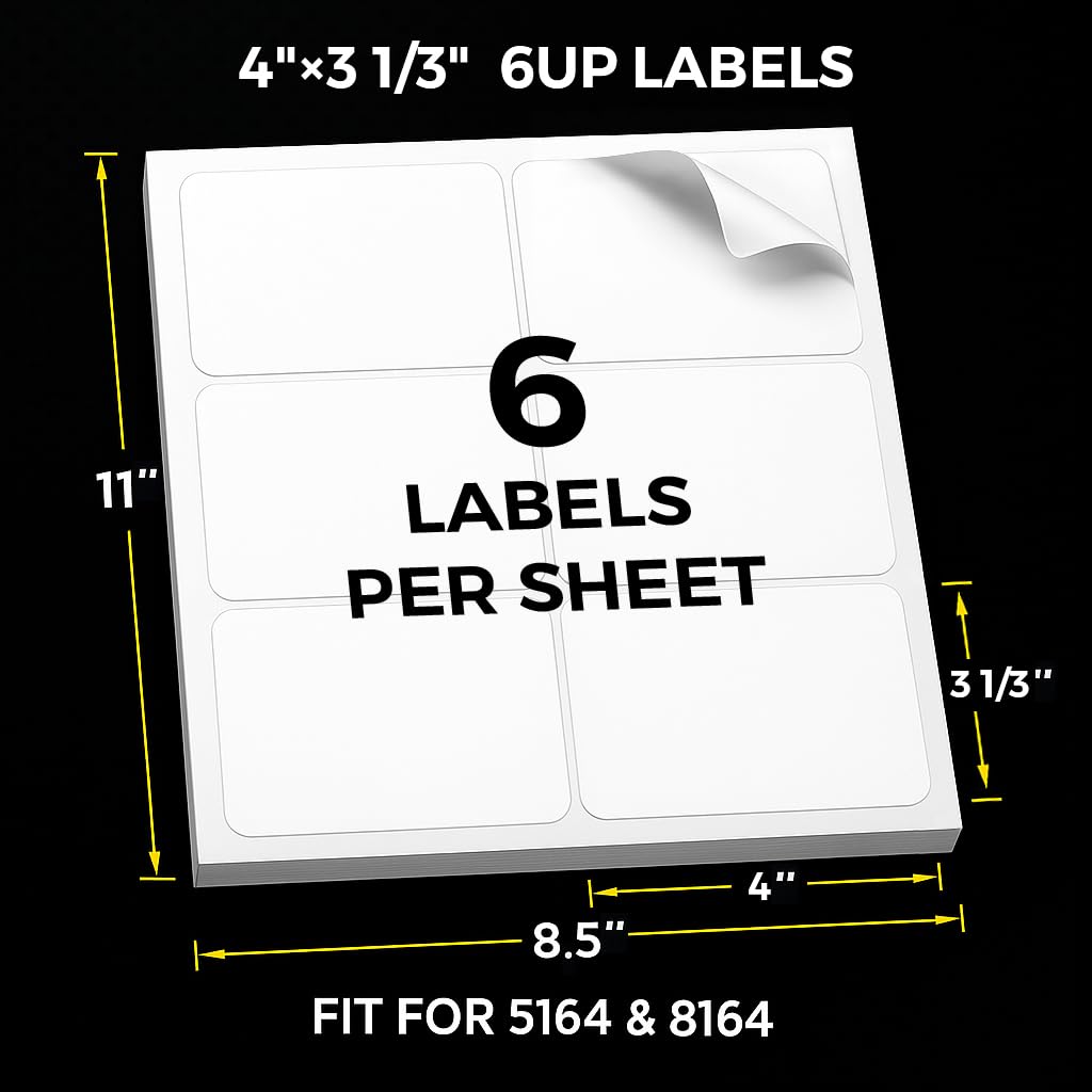 Mailing Labels for Laser/Inkjet Printer, Address Labels Stickers - 500 Sheets 3 1/3" x 4" 6 up Printable Sticker Paper, 3000 Mailling Label for Packages