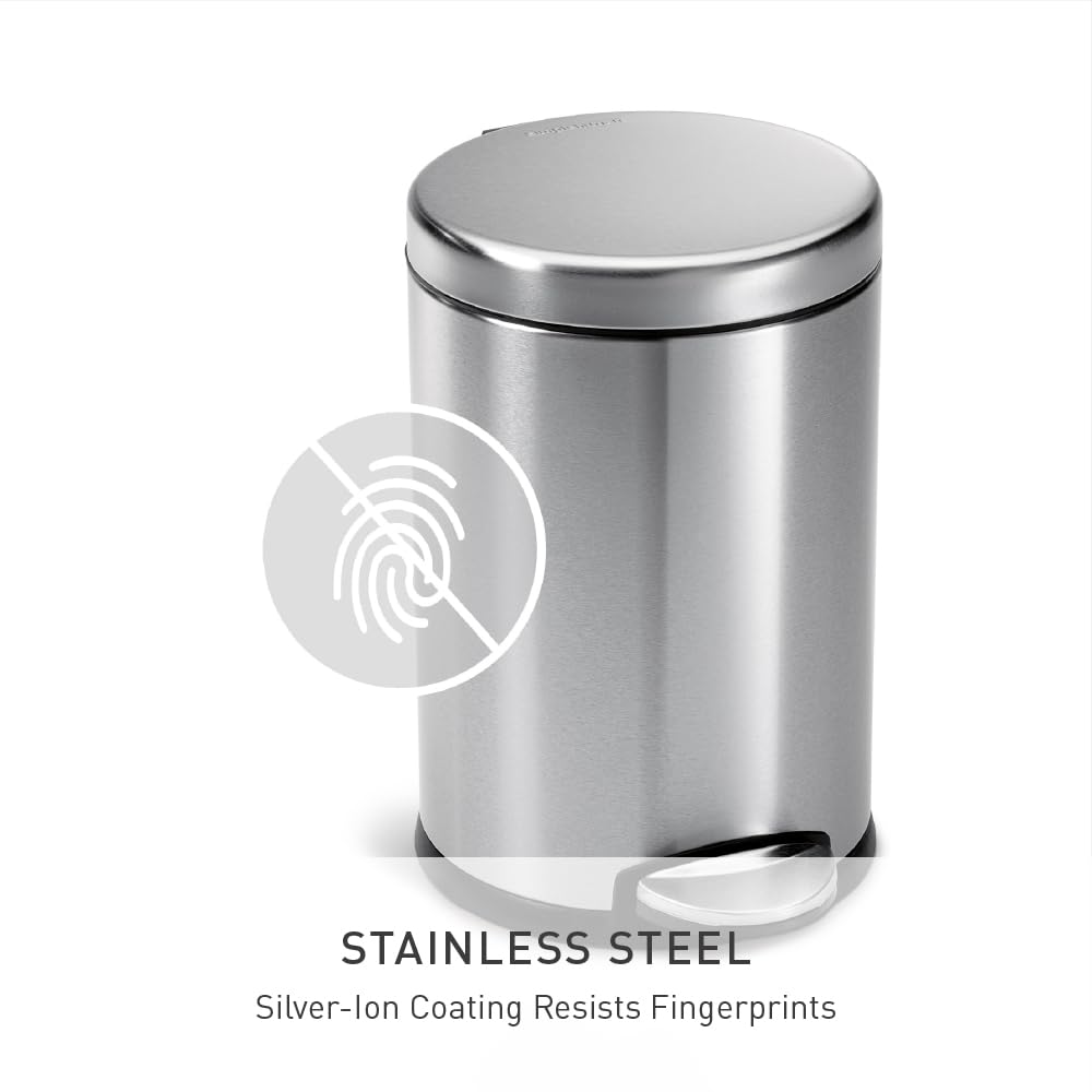 simplehuman Round Step Can, 4.5L / 1.2 Gallon Compact Bathroom Trash Can, 150,000-Step Pedal, Lid Shox® Silent Close, Removable Inner Bucket, Brushed Stainless Steel