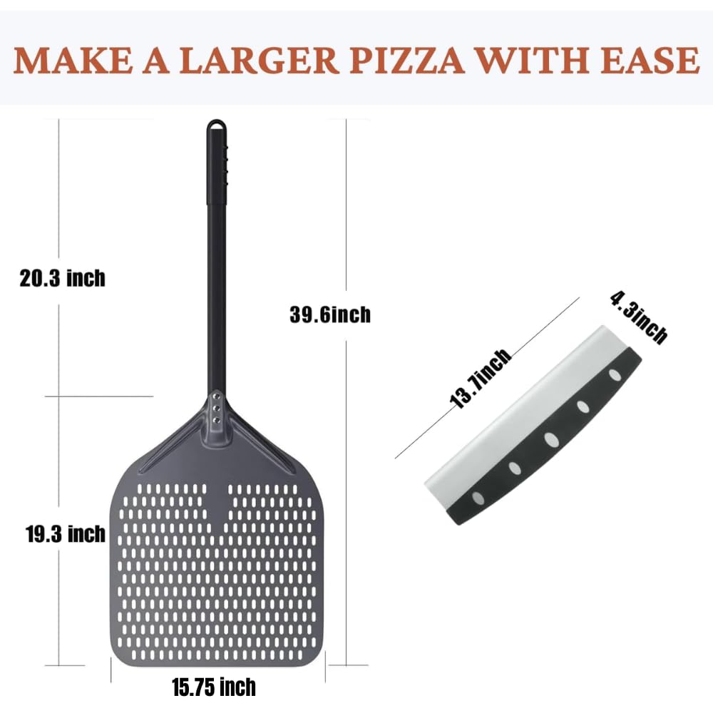 Colenza Pizza Peel 16 Inch with Long Handle, Approx 16" Wx 18" L, Aluminum Perforated Pizza Peel 16 inch with 14" Pizza Cutter Rocker Blade, Non Stick, Easy Slide for Baking, Outdoor & Indoor Use