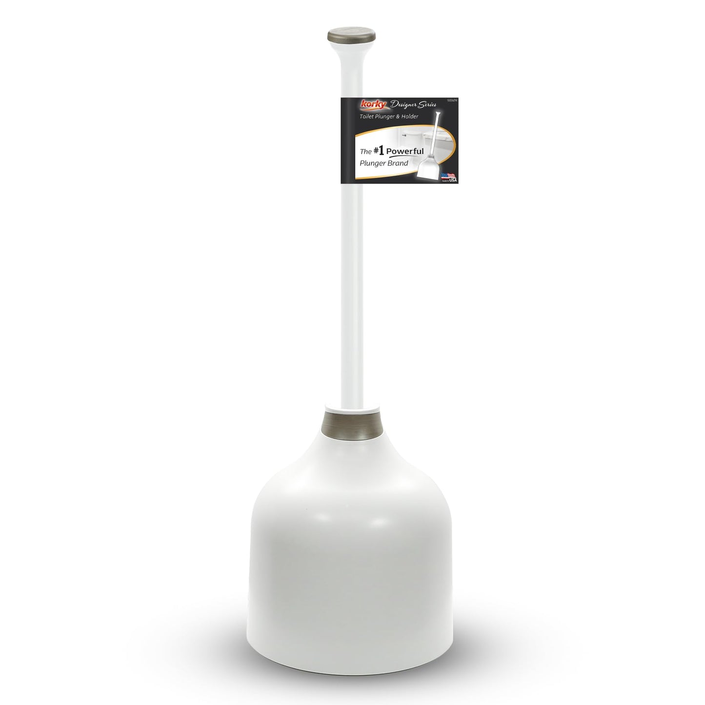 Korky White Toilet Plunger and Holder – Heavy Duty Compact Design – Fast Clog Removal – Easy to Clean - Made in USA