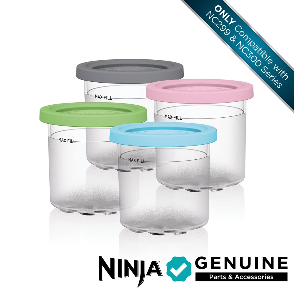 Ninja® CREAMi® Original Pints 4 Pack, Compatible with NC299AMZ & NC300s Series CREAMi® Ice Cream Makers, BPA-Free & Dishwasher Safe, Color Lids, 1 Pint Each, Clear/Grey/Lime/Pink/Aqua, XSKPLD4BCD