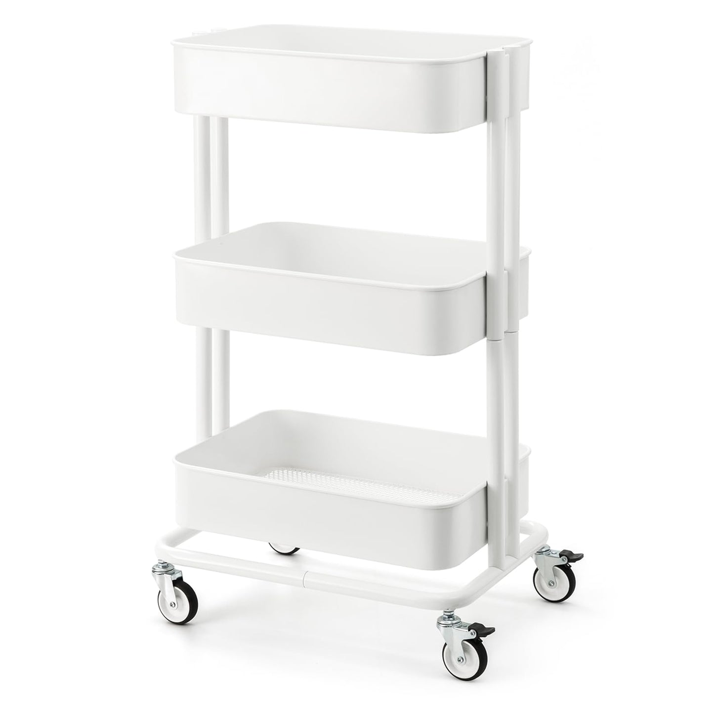 CARTTECH 3 Tier Rolling Cart Metal Heavy Duty Utility Cart with Silent Caster Lockable Wheels Multi-Functional Organization Carts Storage Trolley with Mesh Shelves for Office Kitchen Living Room white
