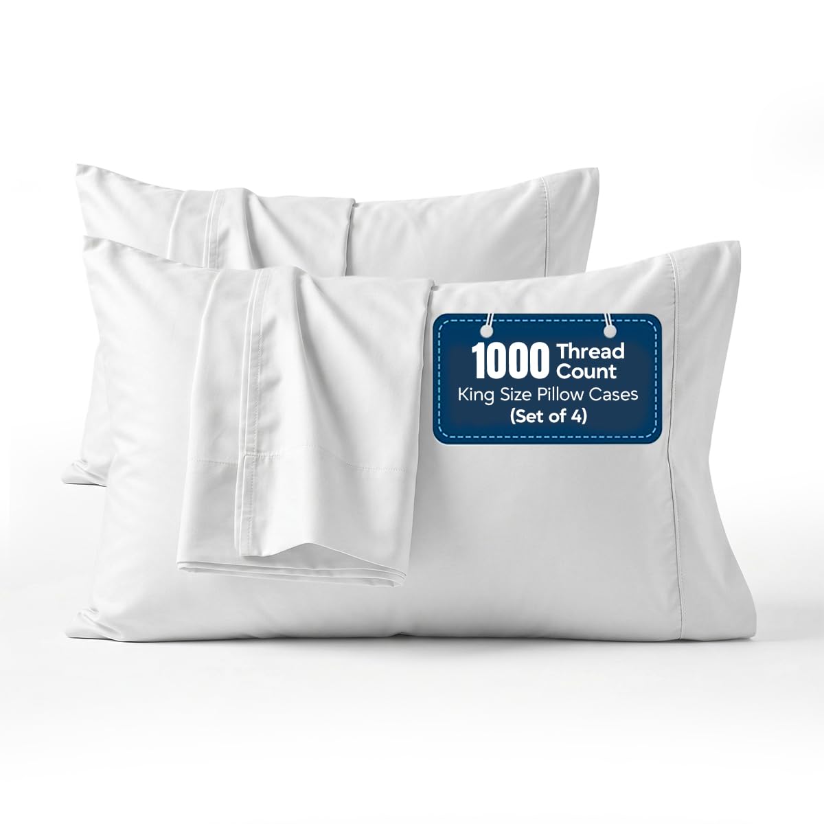 1000 TC Pillowcases Set of 4 100% Egyptian Cotton Pillow Cases with Long Staple Cotton & Sateen Weave, Silky Soft Hotel Like Bed Pillow Covers, Snug Fit (White, 4 Pc King)