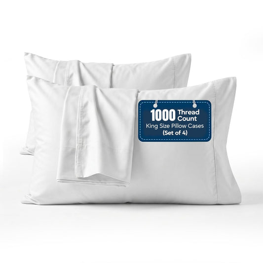 1000 TC Pillowcases Set of 4 100% Egyptian Cotton Pillow Cases with Long Staple Cotton & Sateen Weave, Silky Soft Hotel Like Bed Pillow Covers, Snug Fit (White, 4 Pc King)