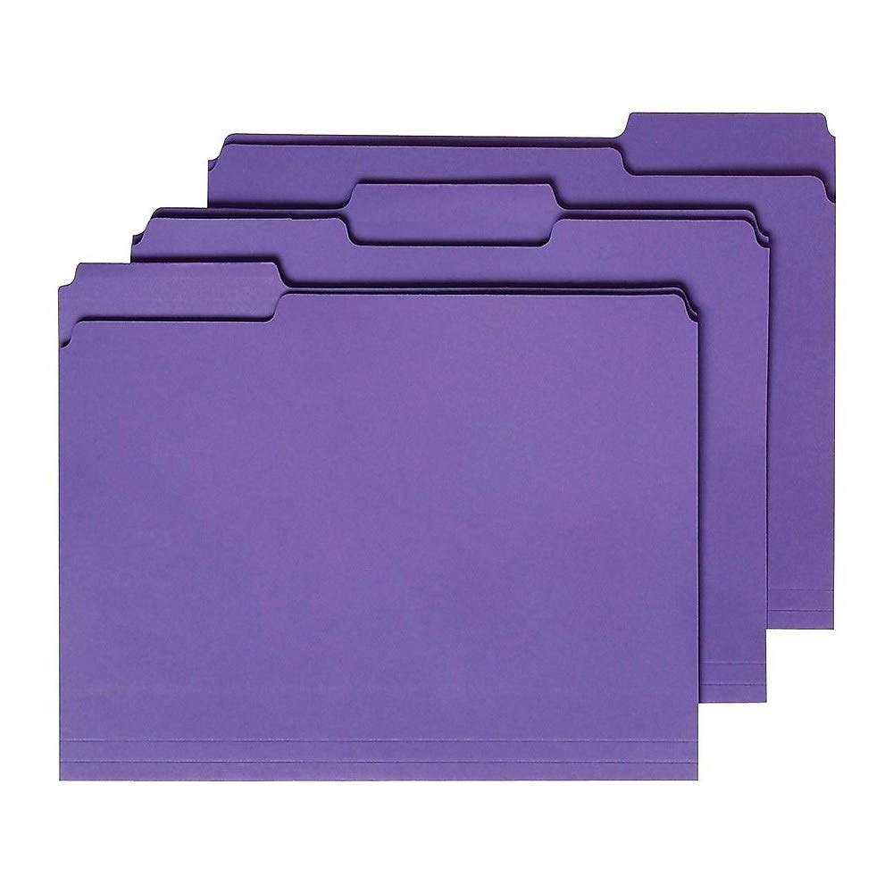 Staples Reinforced File Folders, Letter Size, 3‑Tab Design, Purple, Heavy‑Duty Construction, 100/Box