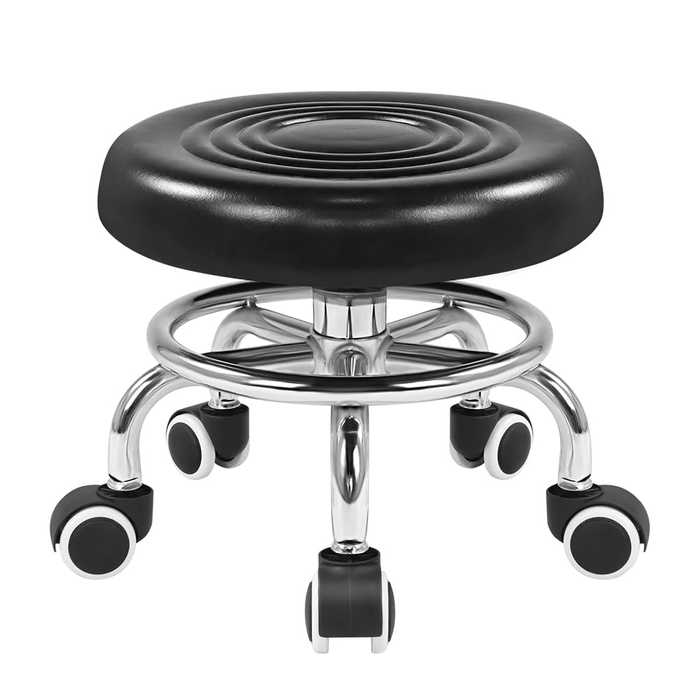 KKTONER Black Roller Seat PU Leather Rolling Stools with Wheels Nail Stool for Home Work Office Shop Step Stool (Black)